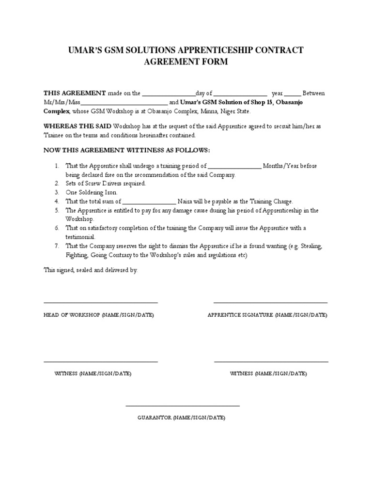 Tailoring Apprenticeship Agreement Form | PDF