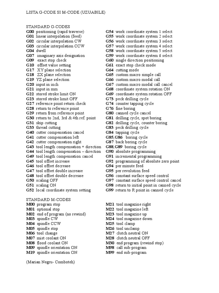Lista G-Code Si M-Code (Uzuabile) | PDF | Mechanical Engineering 