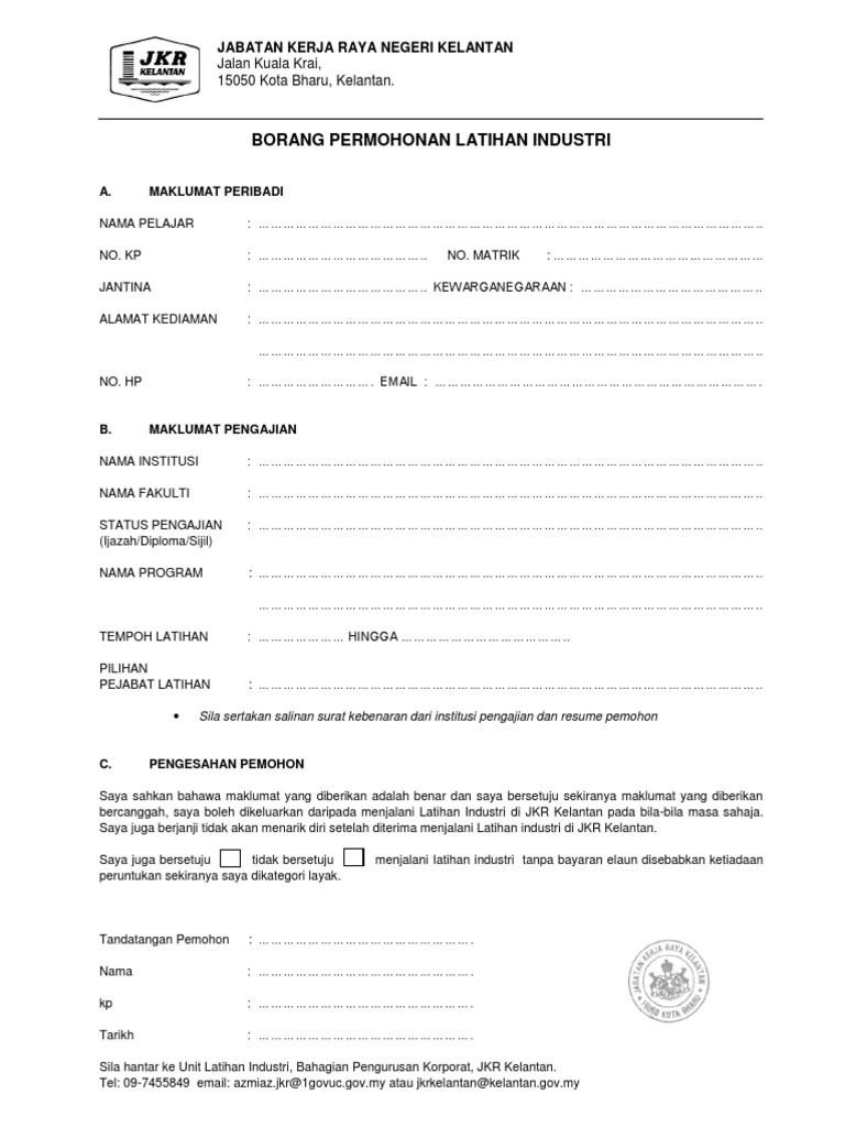 Borang Permohonan Latihan Industri Jkr Kelantan 2018 Pdf