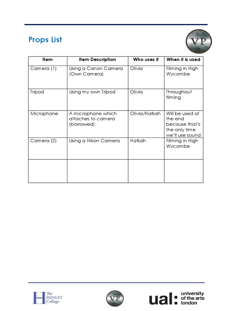 Props List for Filming in High Wycombe | PDF