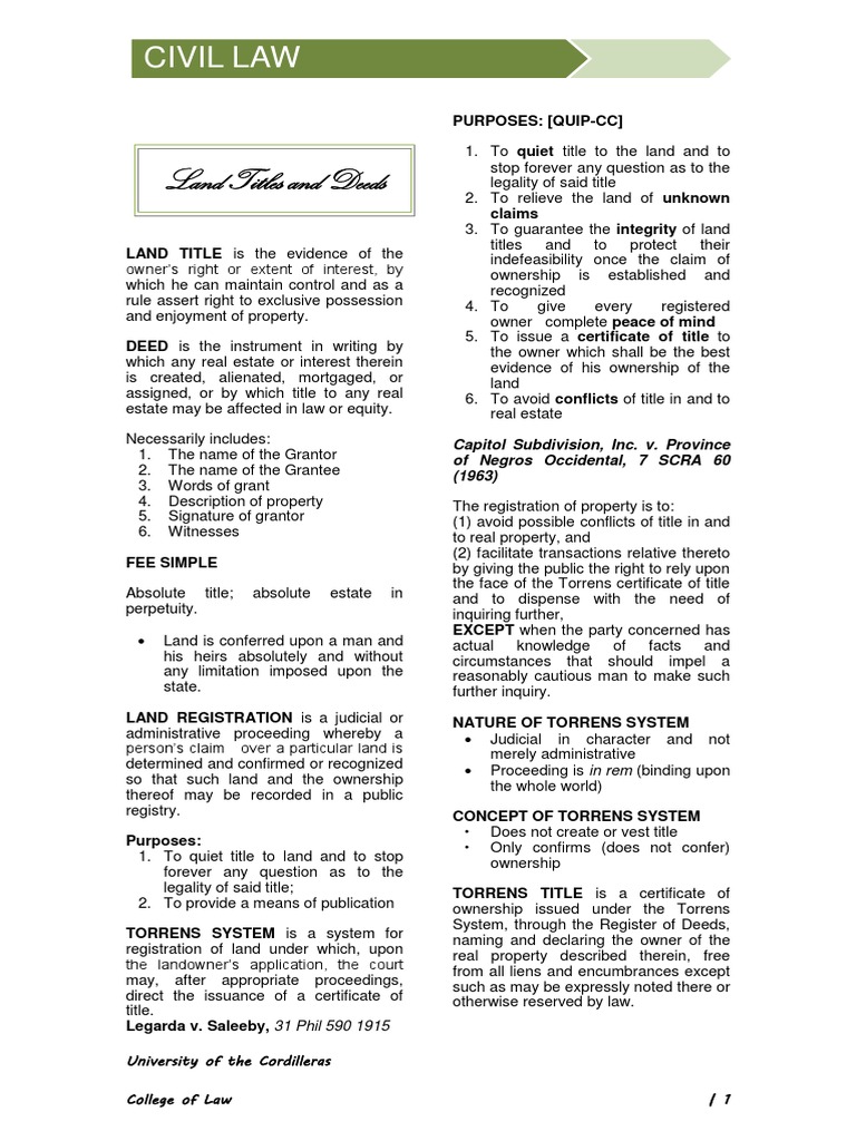 Land Titles and Deeds An Overview of the Torrens System of Land Registration and Methods of