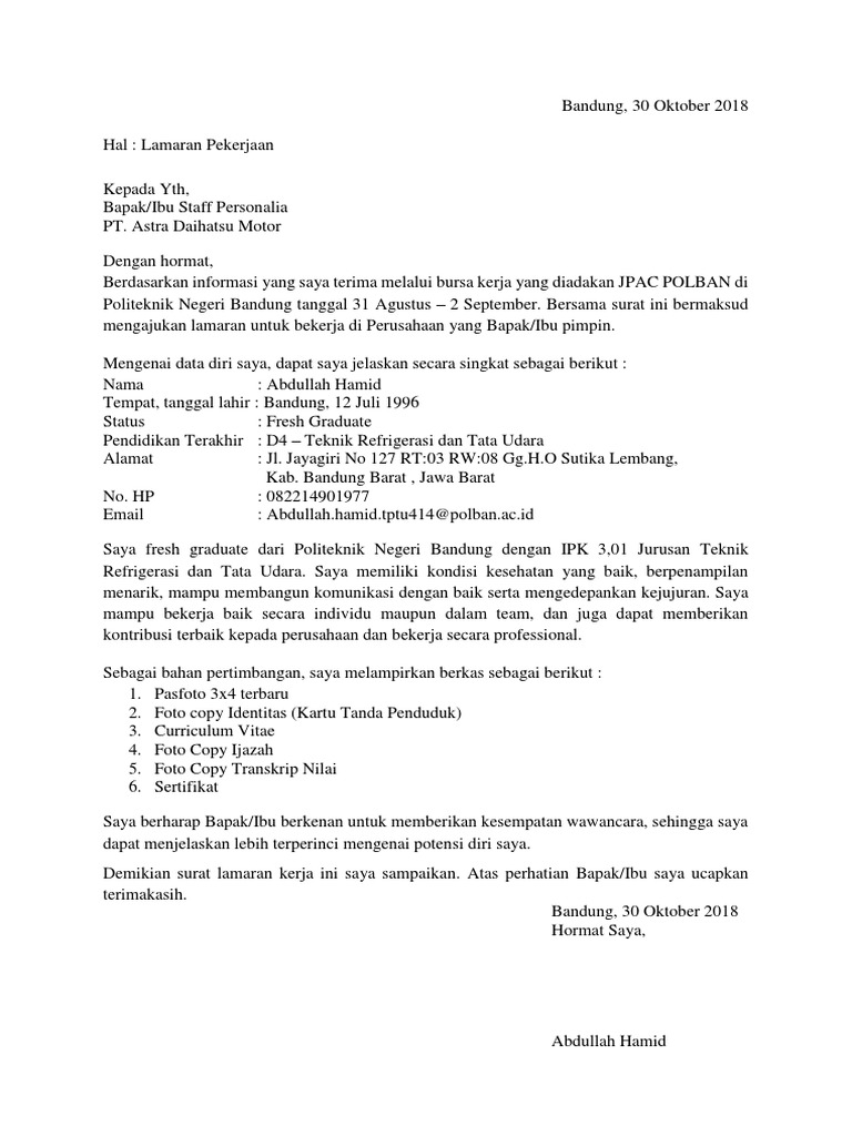 Contoh Surat Lamaran Kerja Untuk Job Fair