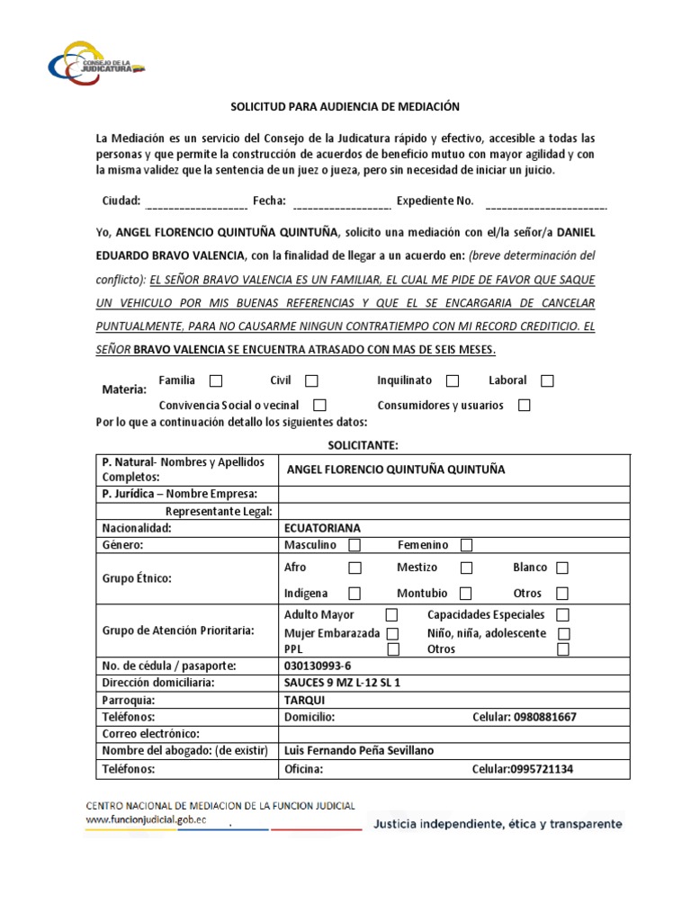 Solicitud Para Audiencia De Mediacion Pdf Mediacion Poder Judicial Sistema De Justicia