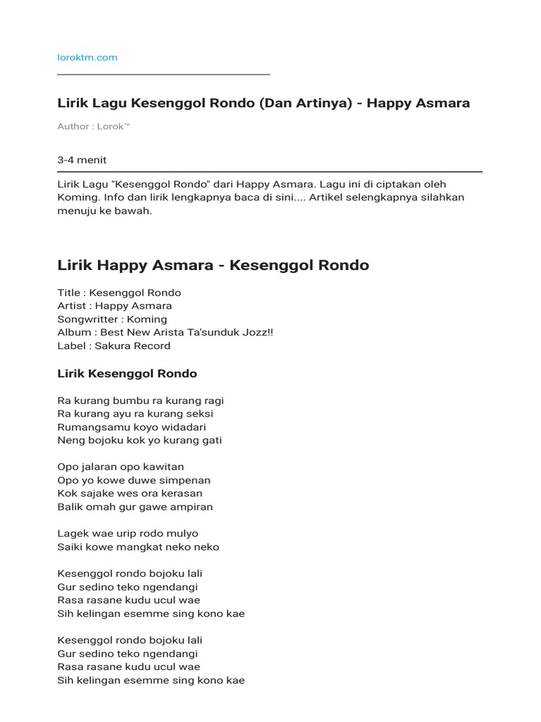 Lirik Lagu Kesenggol Rondo Dan Artinya Happy Asmara