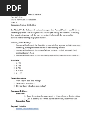 lesson plan 1 - work catch up day drafting personal narratives