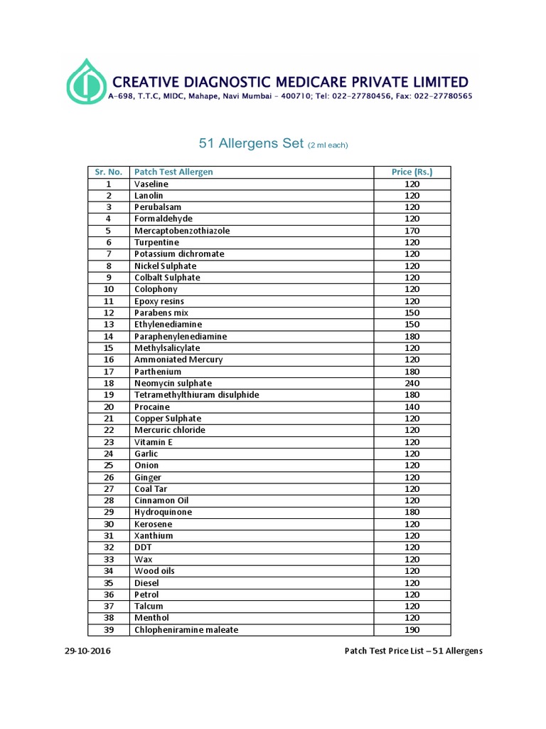 Comprehensive Patch Test Price List for 51 Common Allergens | PDF