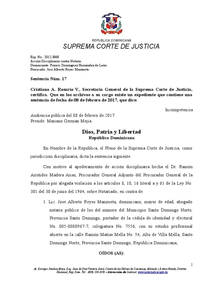 Sentencia Diciplinaria | PDF | República Dominicana | Ley constitucional