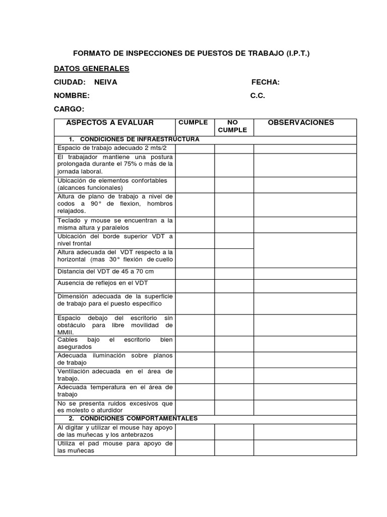 Formato en Blanco de Inspecciones de Puestos de Trabajo (1) Factores humanos y ergonomía
