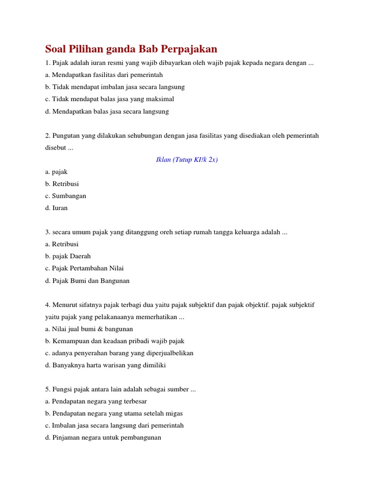 Soal Pilihan Ganda Bab Perpajakan