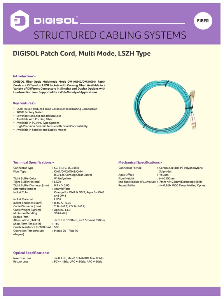 Fiber MM Patch Cord Datasheet Optical Fiber Optics