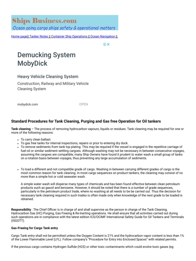 Standard Procedures for Tank Cleaning, Purging and Gas Free Operation