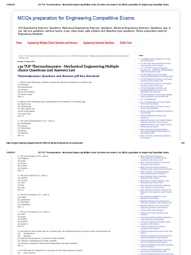 152 TOP Thermodynamics Mechanical Engineering Multiple Choice