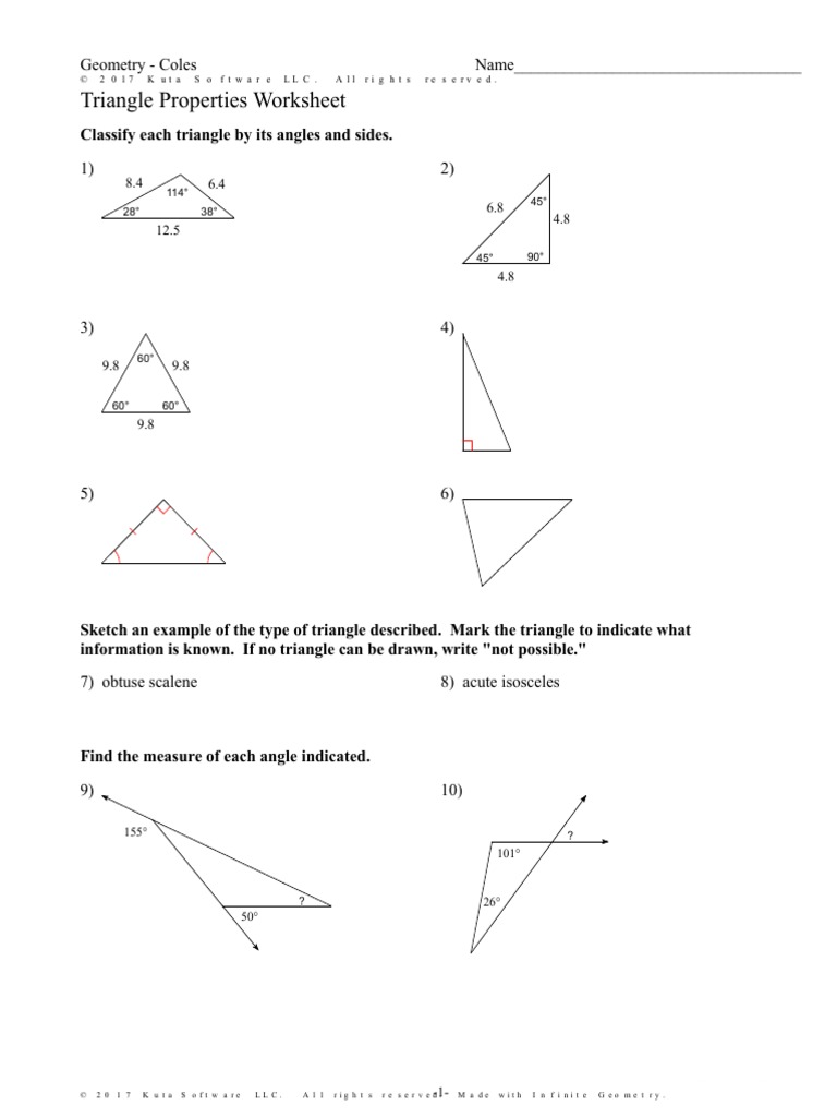 Triangle Properties Worksheet PDF Triangle Geometric Shapes