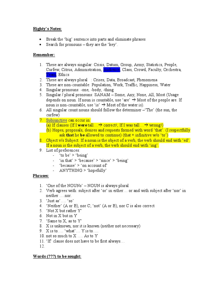 Righty's SC Notes | PDF | Perfect (Grammar) | Grammatical Number