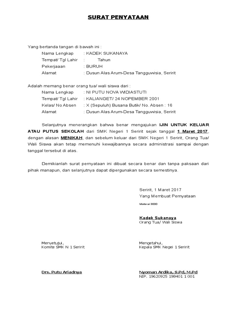 Surat Pernyataan Putus Sekolah