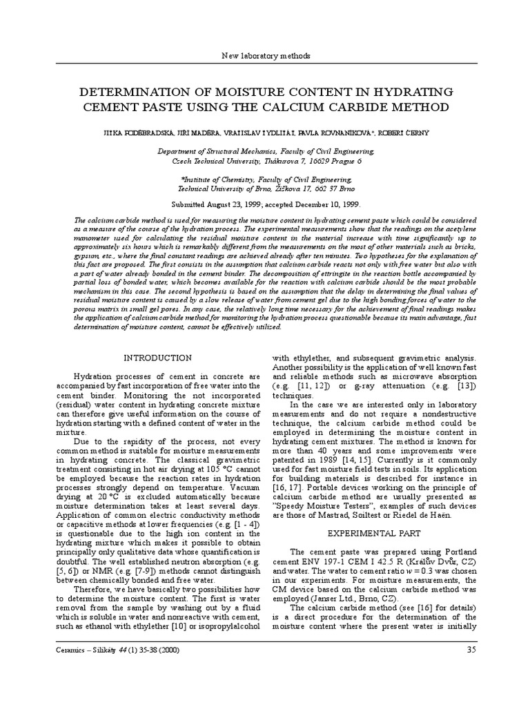 Determination of Moisture Content in Hydrating Cement Paste Using The ...