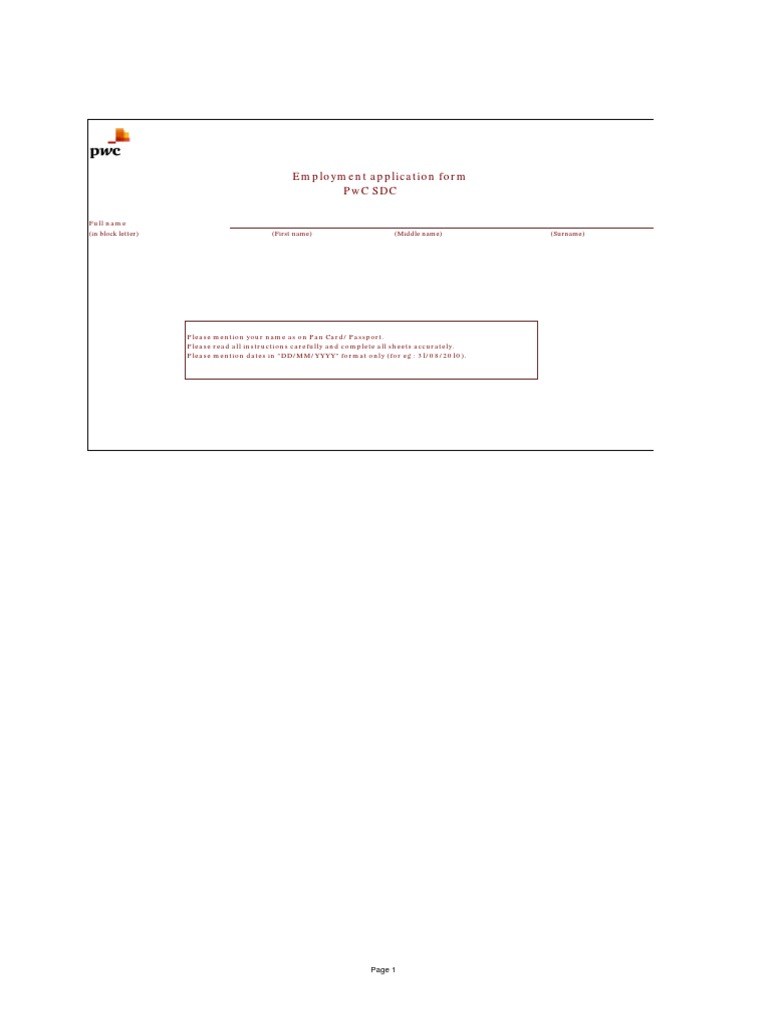 PwC SDC Employment Application Form | PDF | Identity Document ...