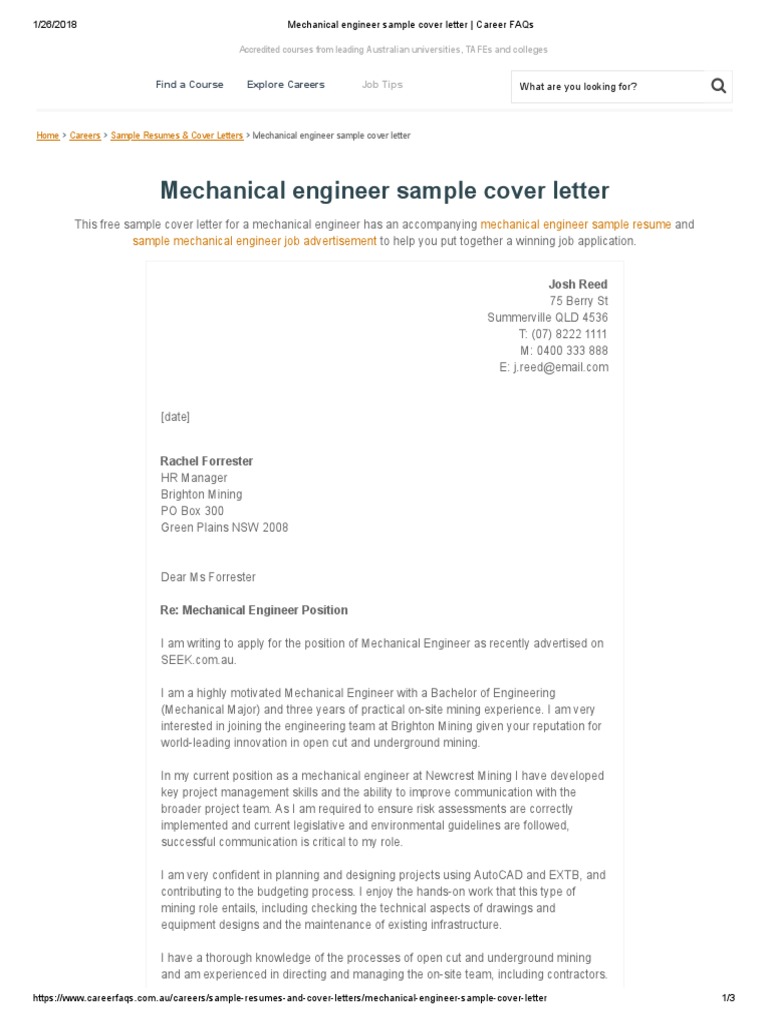 best cover letter for mechanical engineer