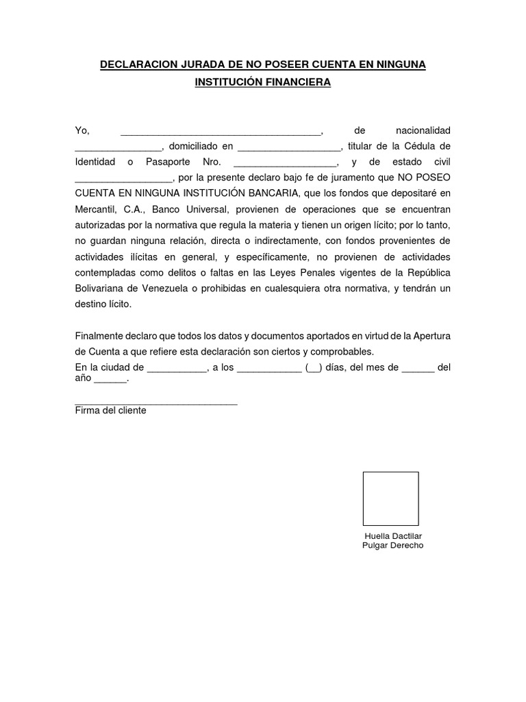 Declaracion Jurada de No Poseer Cuenta en Ninguna Institución ...