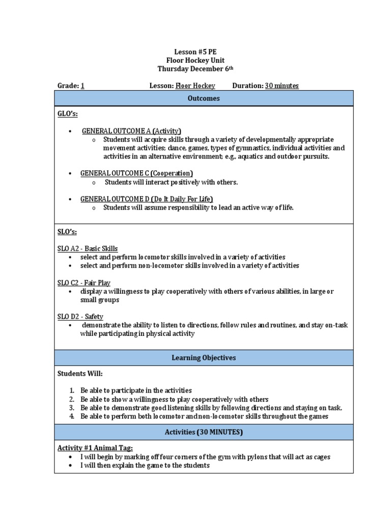 Lesson 5 PE Floor Hockey Unit Thursday December 6 Grade 1 Lesson
