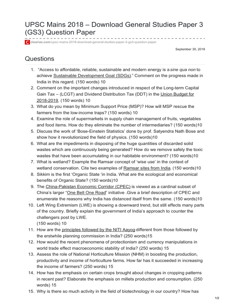 UPSC GS3 Mains 2018 Question Paper | PDF | Biodiversity | Natural ...