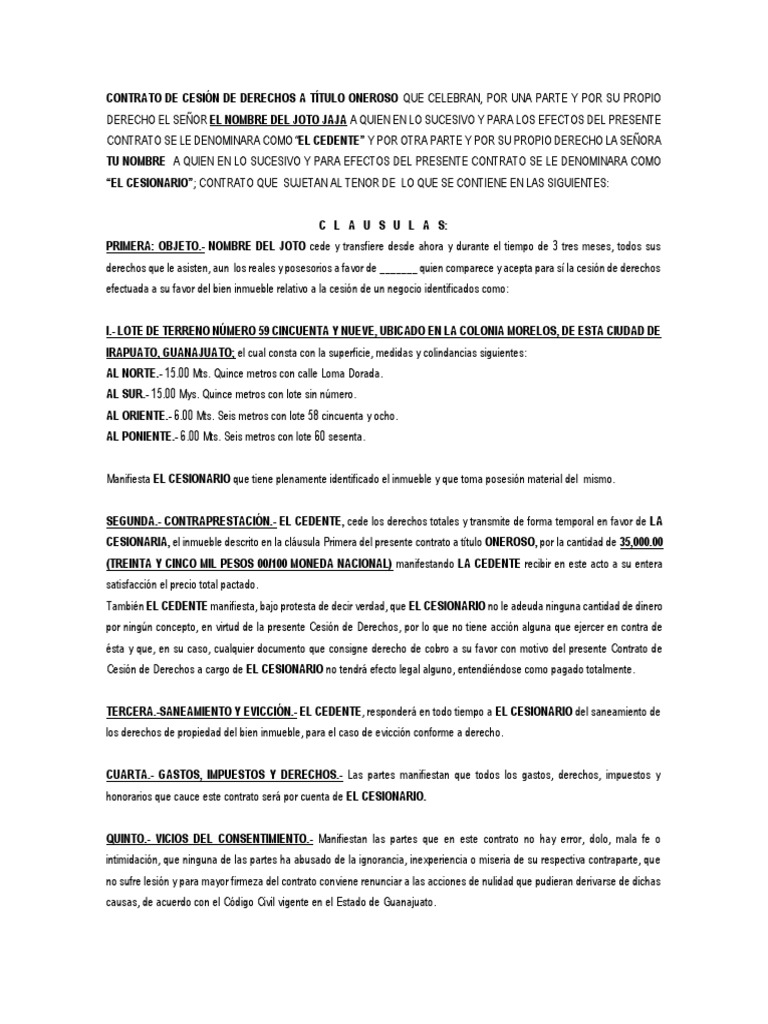 Contrato de Cesión de Derechos | PDF | Derecho privado | Información del  gobierno