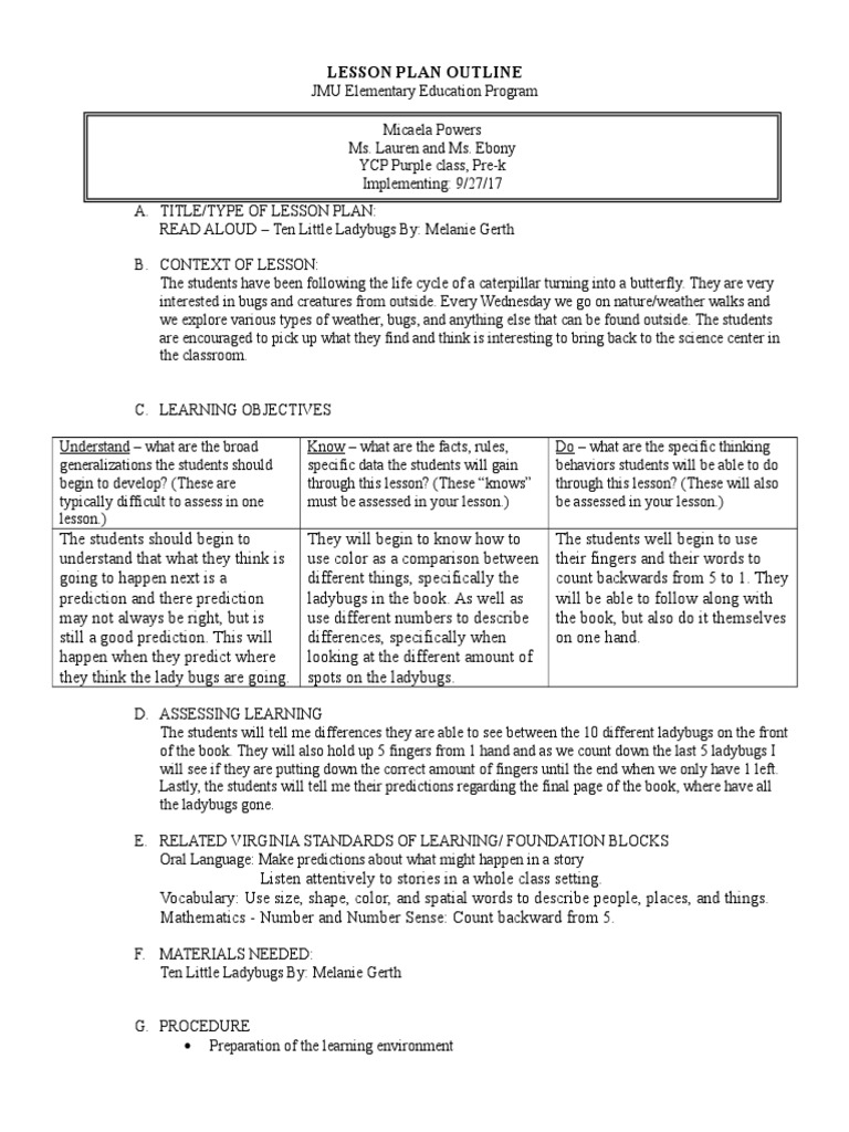 Read Aloud Lesson Ten Little Ladybugs Pdf Teachers Classroom