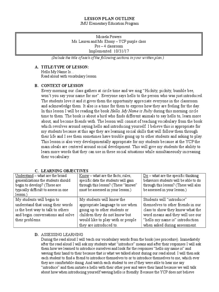 366 Lesson Plan Hello My Name Is | PDF | Vocabulary | Lesson Plan