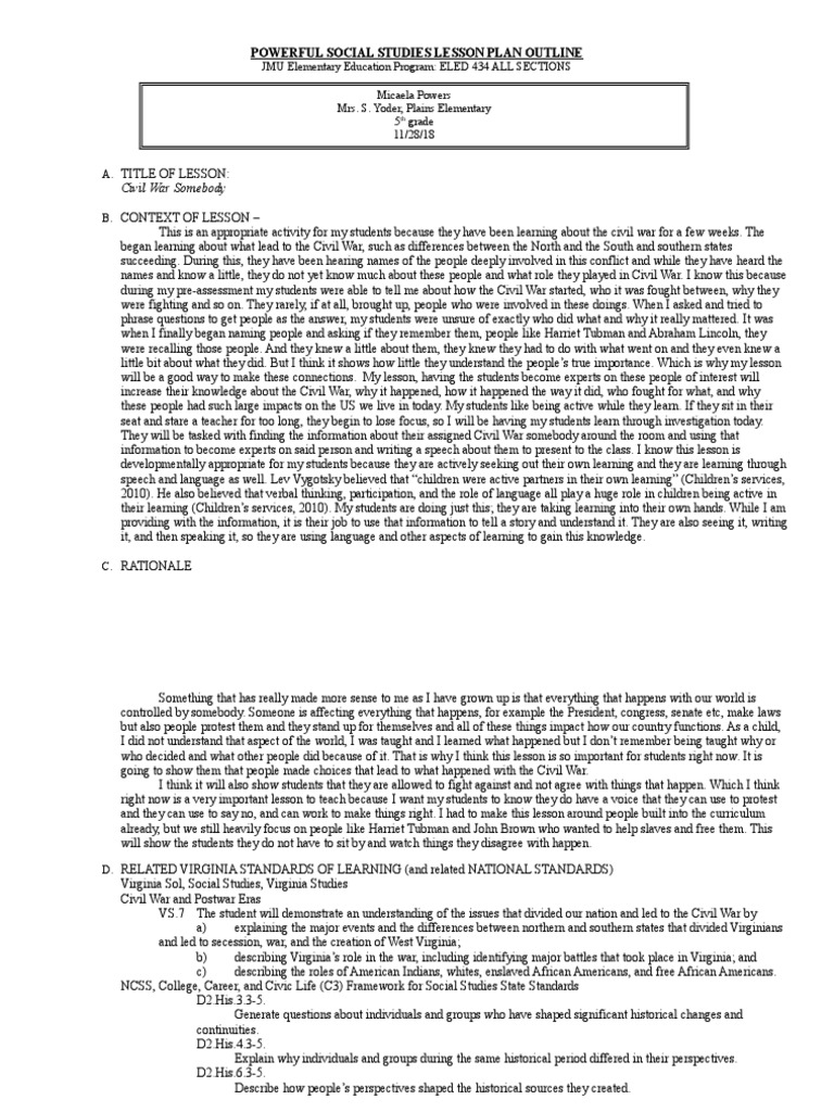 Social Studies Lesson Plan Final | PDF | Teachers | American Civil War