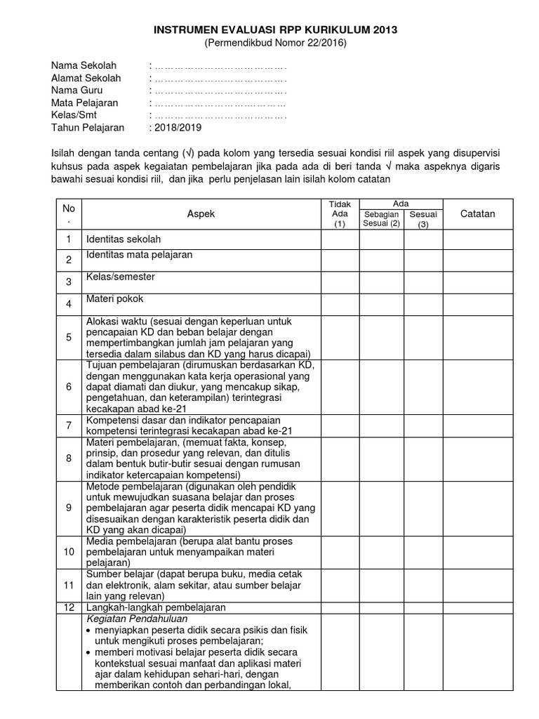 2. Instrumen Evaluasi Rpp Kurikulum 2013