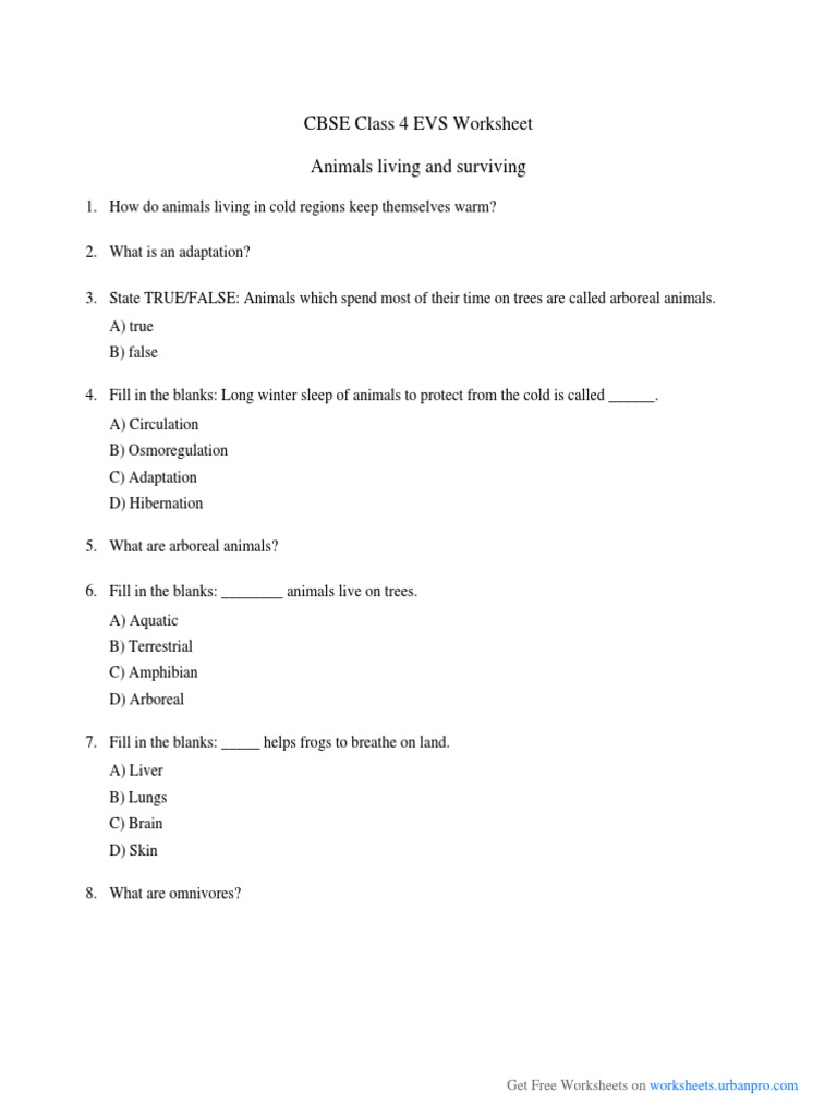 Animals Living and Surviving CBSE Class 4 Worksheet | PDF | Amphibian