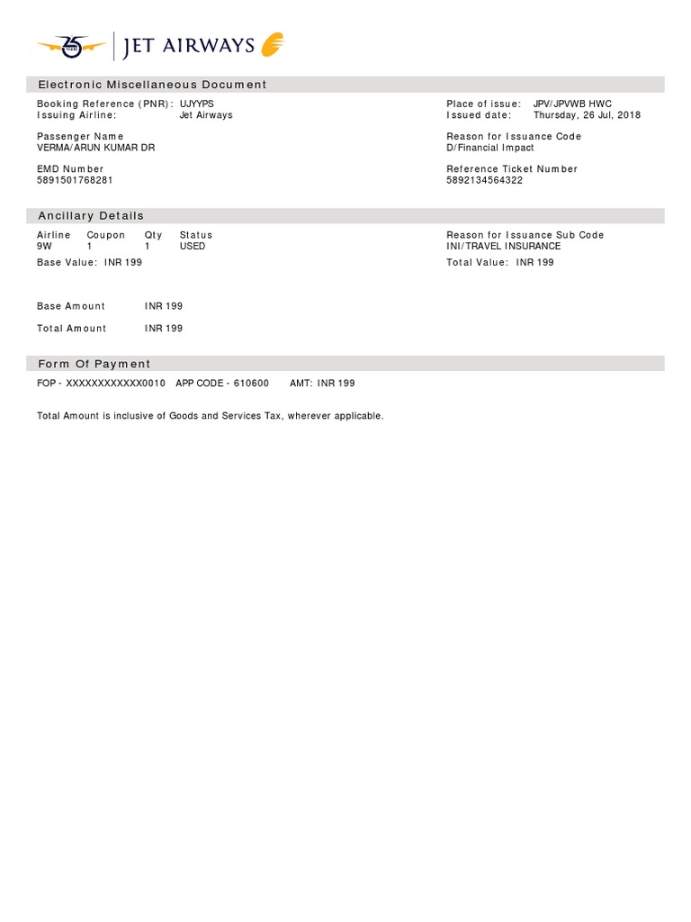 Jet Airways Electronic Miscellaneous Document ( 5891501768281 ) VERMA