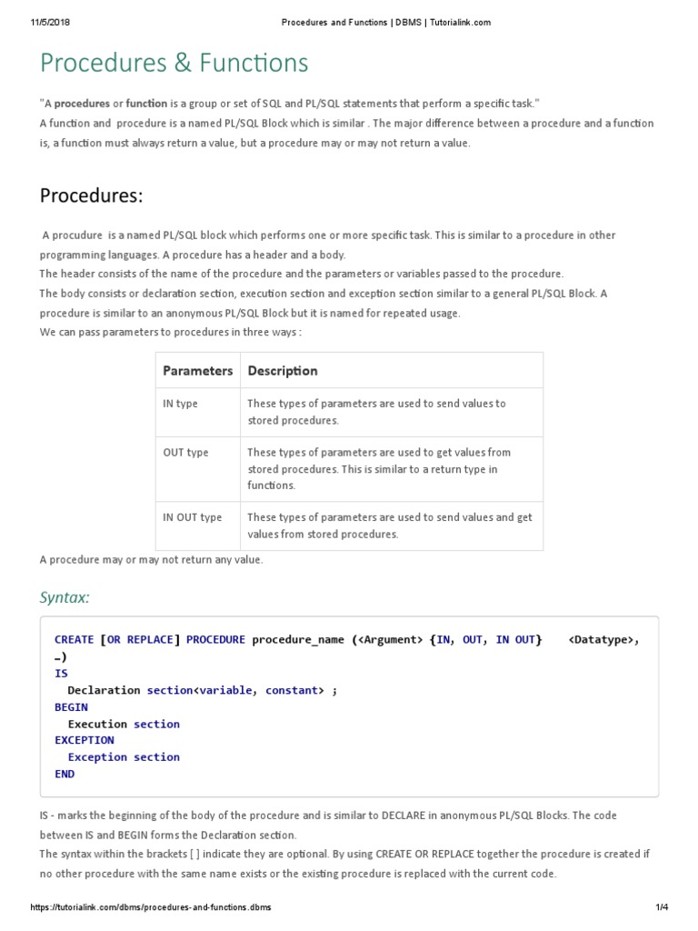 Procedures and Functions - DBMS | Download Free PDF | Pl/Sql | Subroutine
