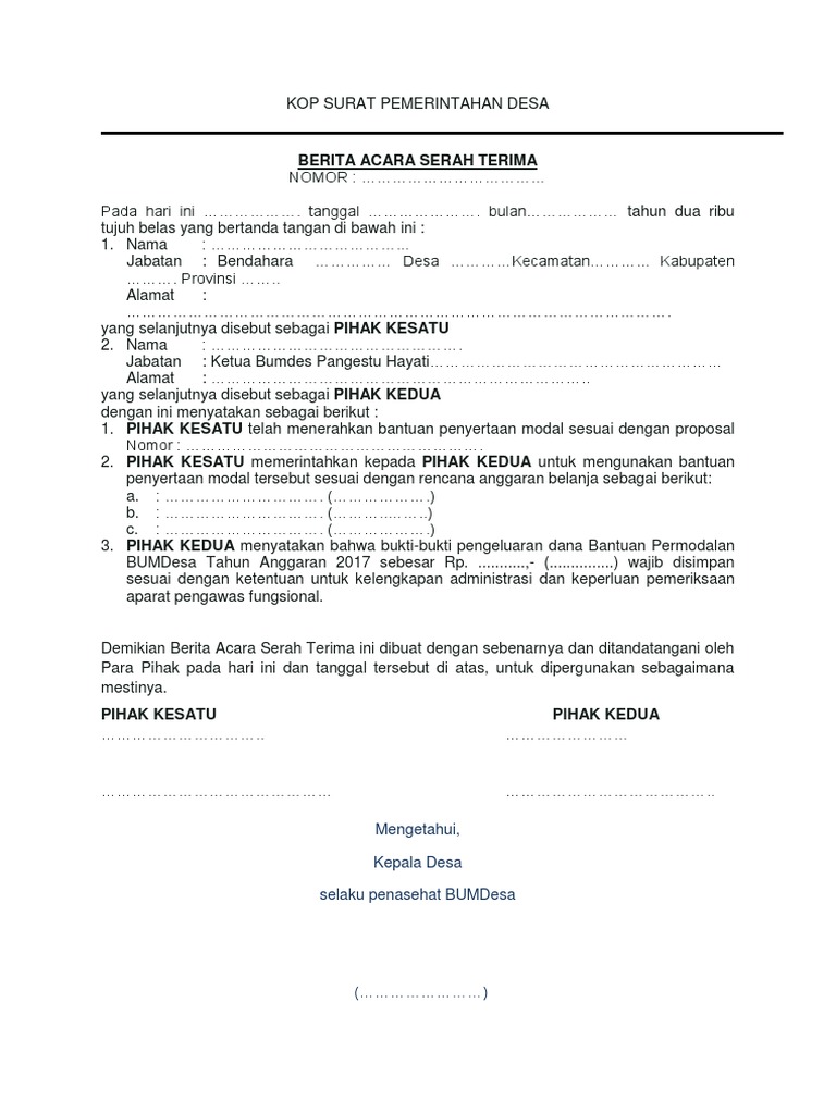 Berita Acara Penyerahan Penyertaan Modal Bumdes