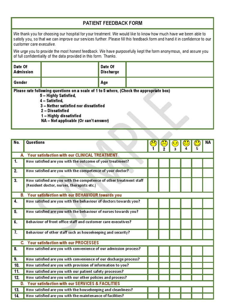 Patient Feedback Form PDF Patient Hospital