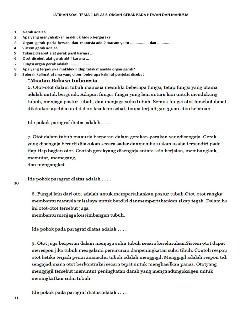 Latihan Soal Tema 1 Kelas 5 Organ  Gerak  Pada  Hewan  Dan Manusia