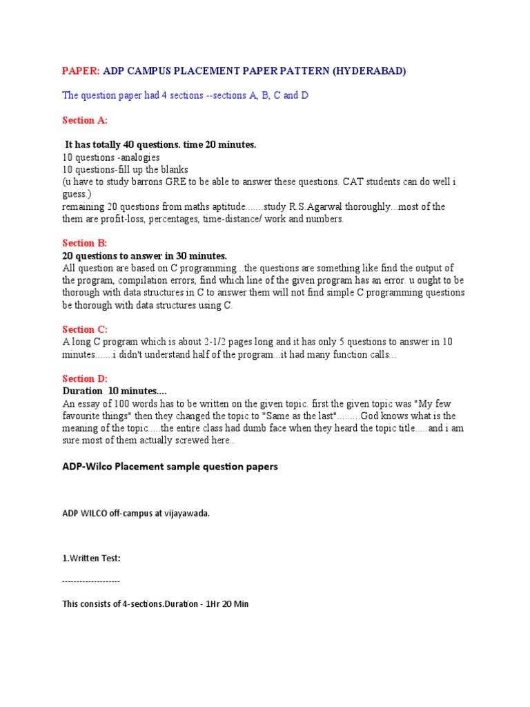 The Question Paper Had 4 Sections - Sections A, B, C and D: Adp Campus ...