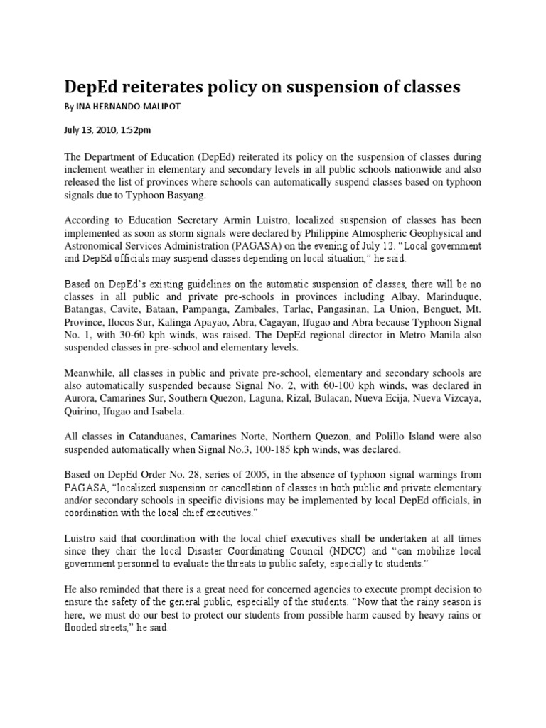 Deped Guidelines On Suspension Of Classes Pdf Vortices Typhoon
