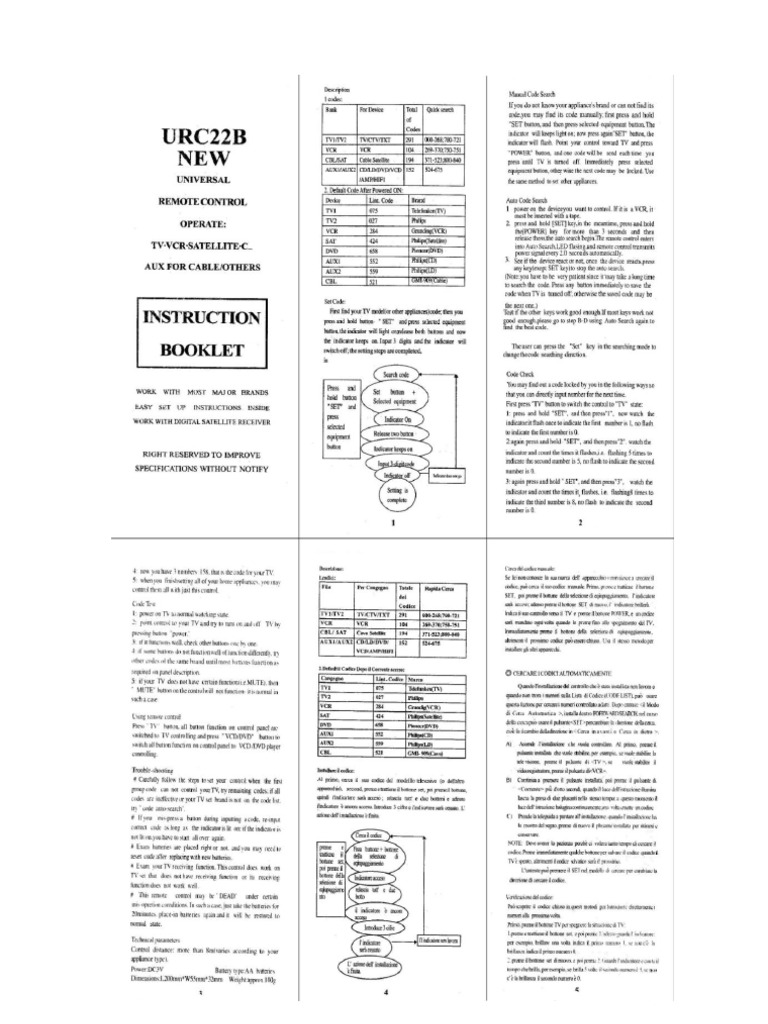 URC22B Universal Remote Control - Manual