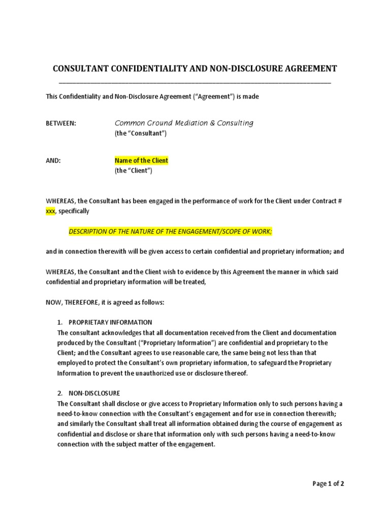 Consultant Confidentiality and Non-Disclosure Agreement: Common Ground ...