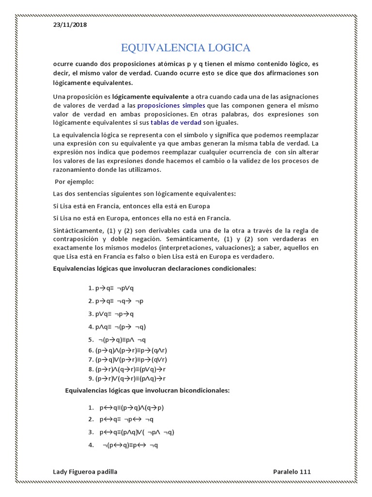 Equivalencia Lógica PDF Proposición Lógica