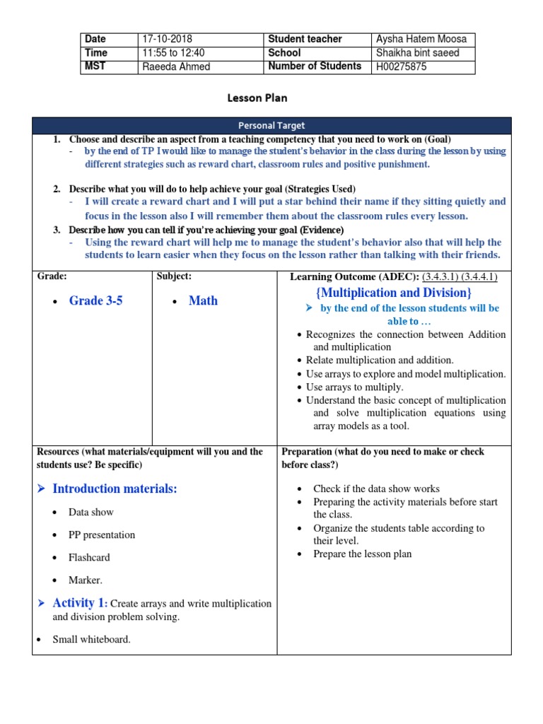 Lesson Plan Multiplication 1 | PDF | Lesson Plan | Multiplication