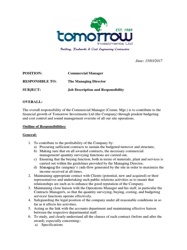 Job Description Commercial Manager PDF Economies Business