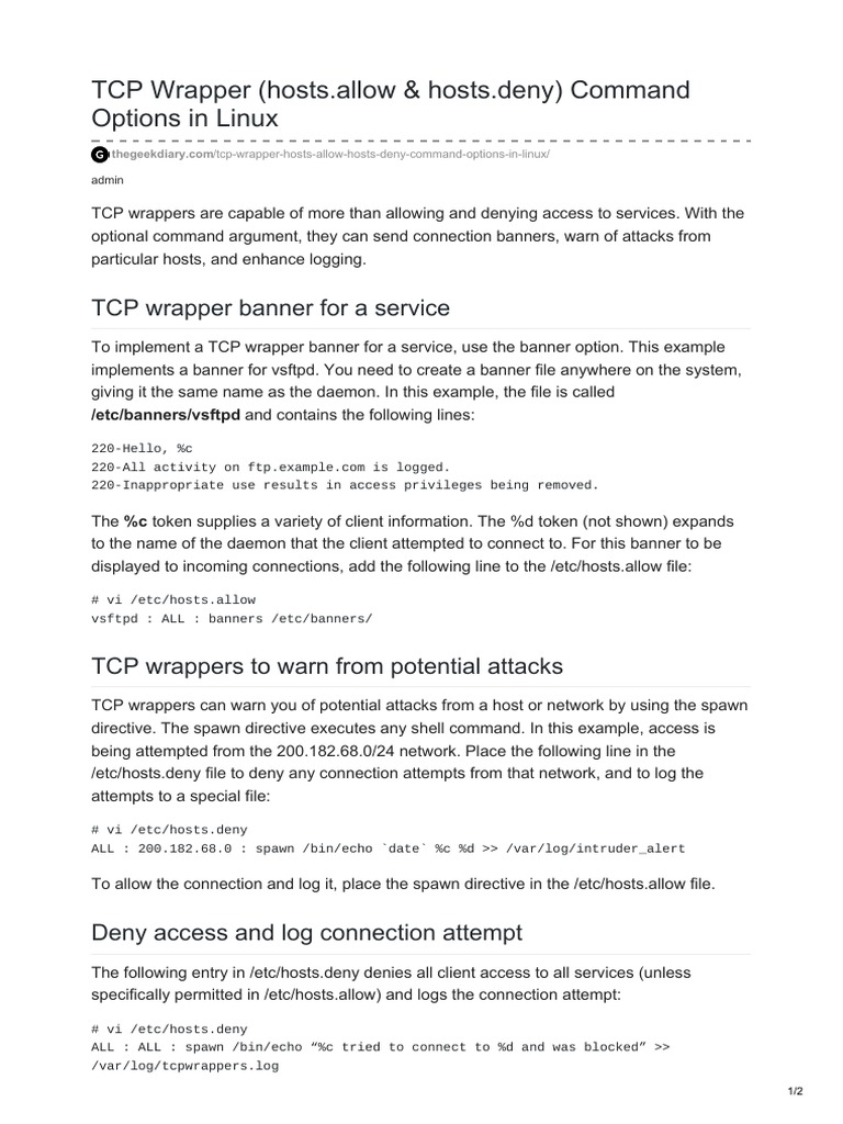 TCP Wrapper Hostsallow Hostsdeny Command Options in Linux | PDF ...