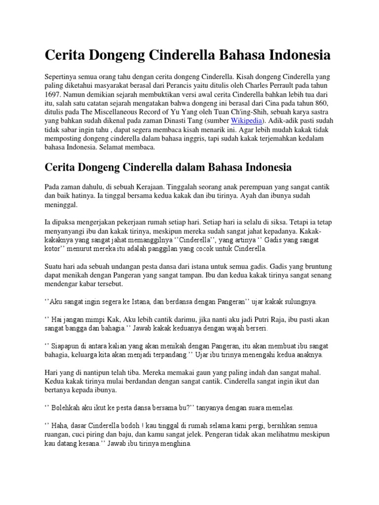 Cerita Dongeng Cinderella Bahasa Indonesia