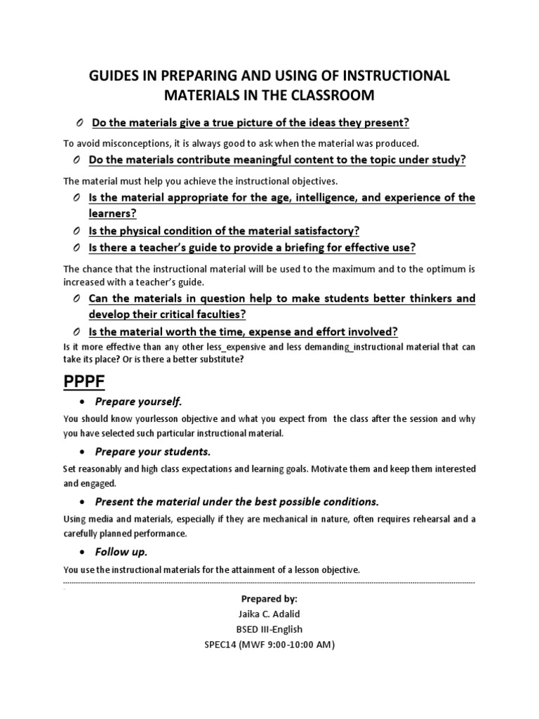 Guides in Preparing and Using of Instructional Materials in The