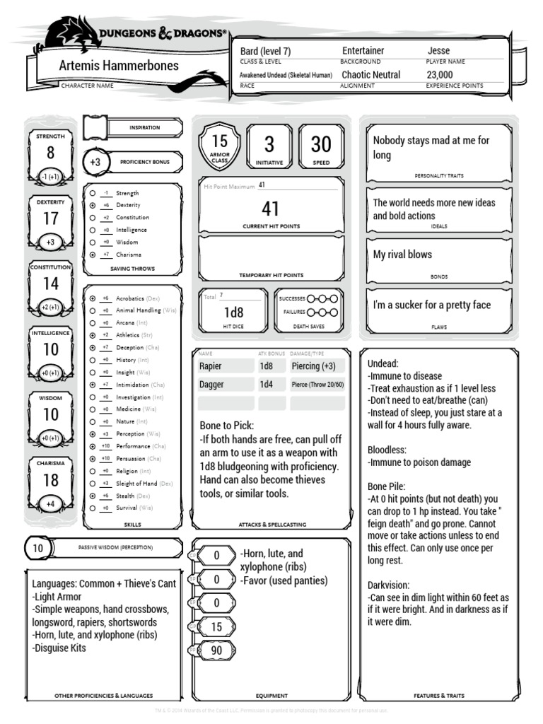 Character Sheet 001 Dungeons And Dragons Role Playing