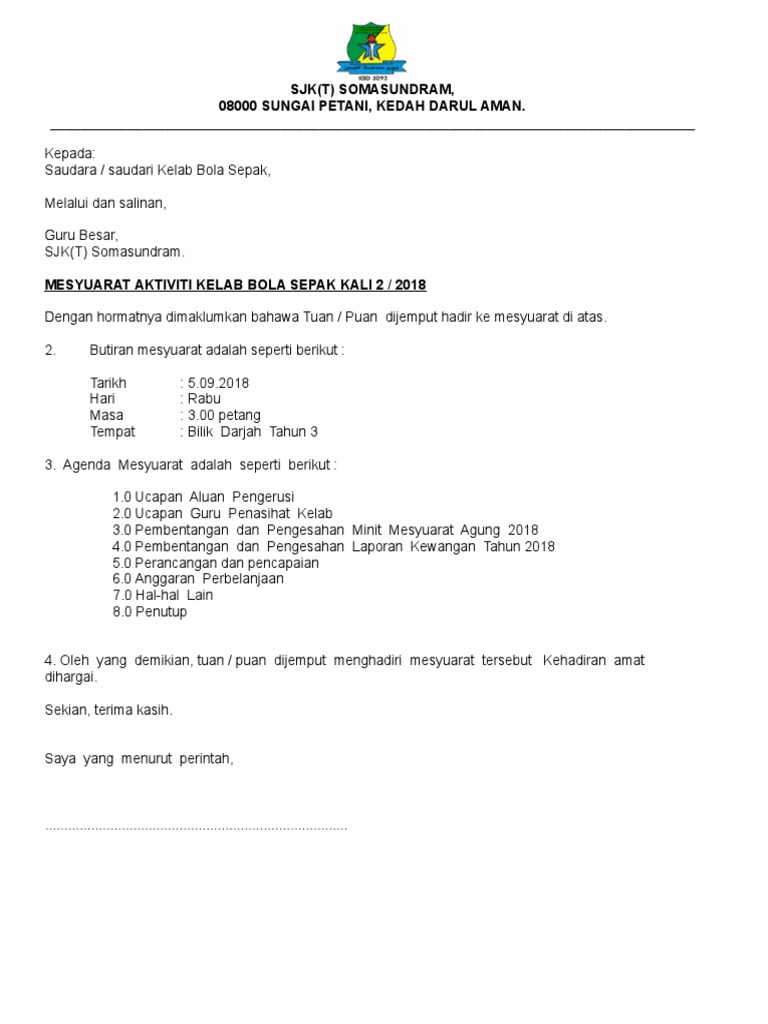 Contoh Surat Panggilan Mesyuarat Disiplin