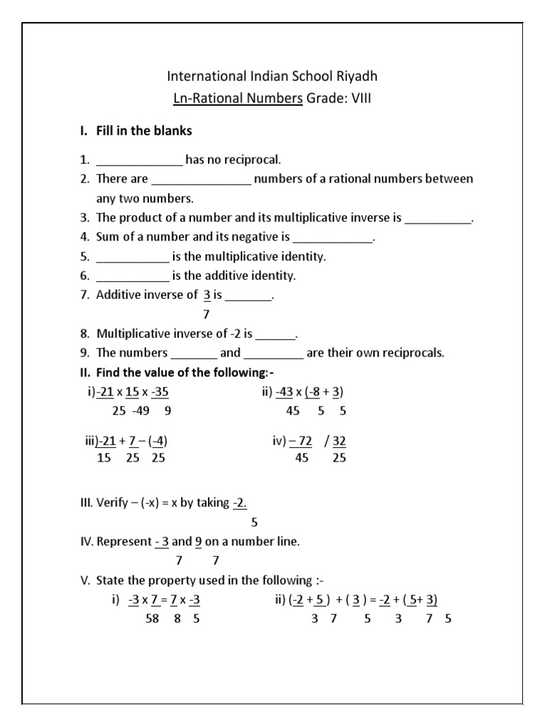 Rational Numbers Class 8 Worksheet Pdf