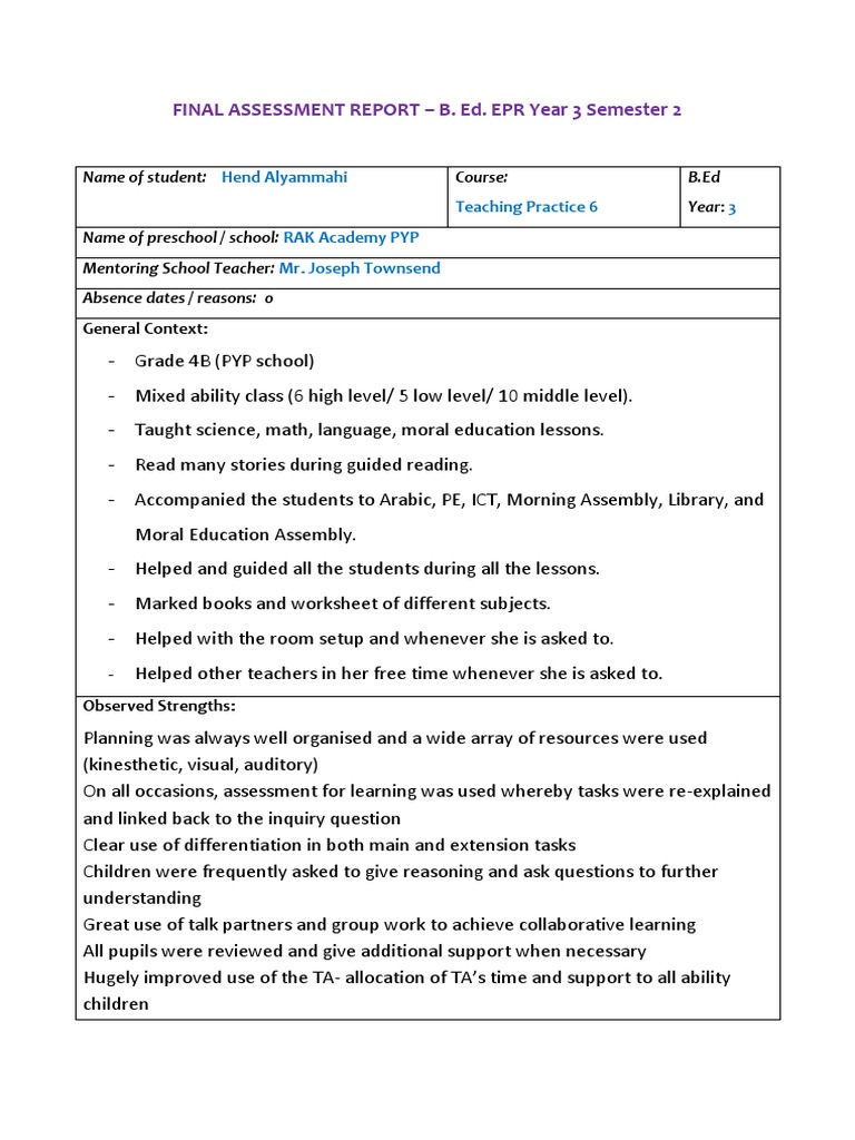 Final Assessment Report School Teacher PDF Mentorship Classroom